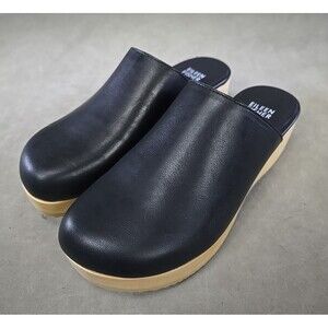 Eileen Fisher Novel Smooth Black Leather Wood Wedge Clog Women's  US 6M NIB
